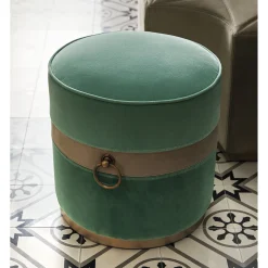 Pouf cilindrico in velluto verde con anello