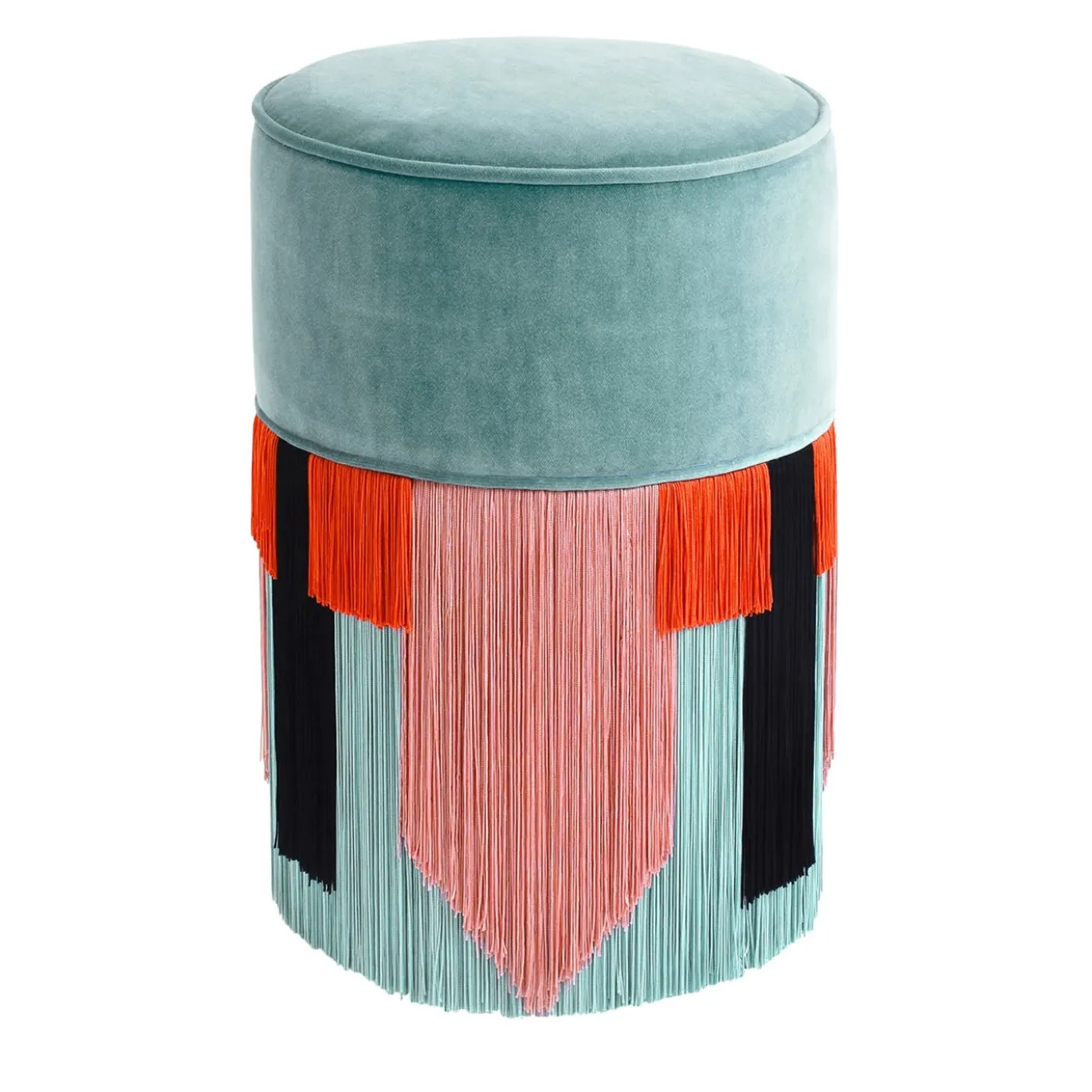 Pouf Couture azzurro con frange geometriche