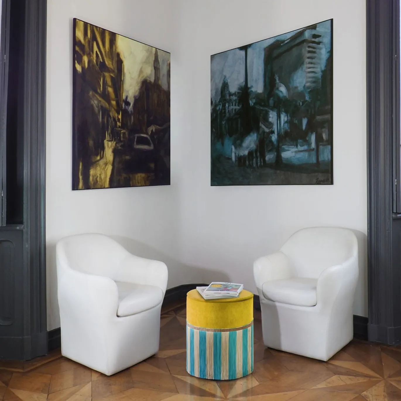 Pouf geometrico Couture Riga Medium Giallo e Turchese