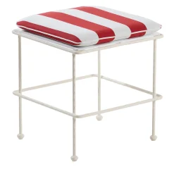 Pouf in ferro bianco Liberty con cuscino a righe rosse e bianche