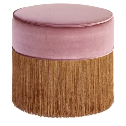 Pouf in legno di faggio a cilindro rosa con frangia in rame