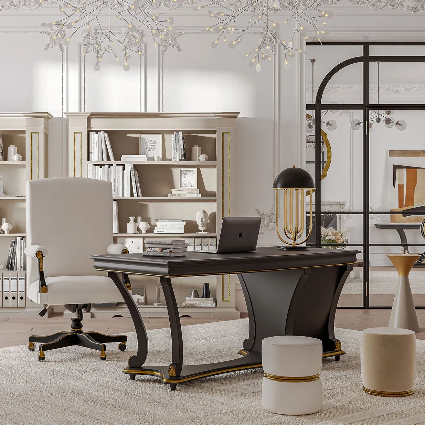 Pouf in Pelle Bianca con Anelli Dorati della Collezione Studio Privè