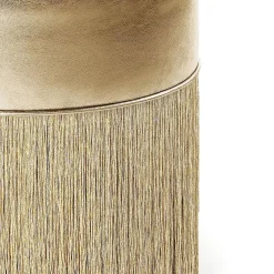 Pouf in pelle metallizzata color oro con frange in lurex