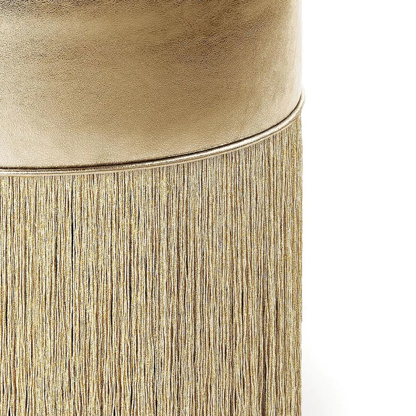 Pouf in pelle metallizzata color oro con frange in lurex