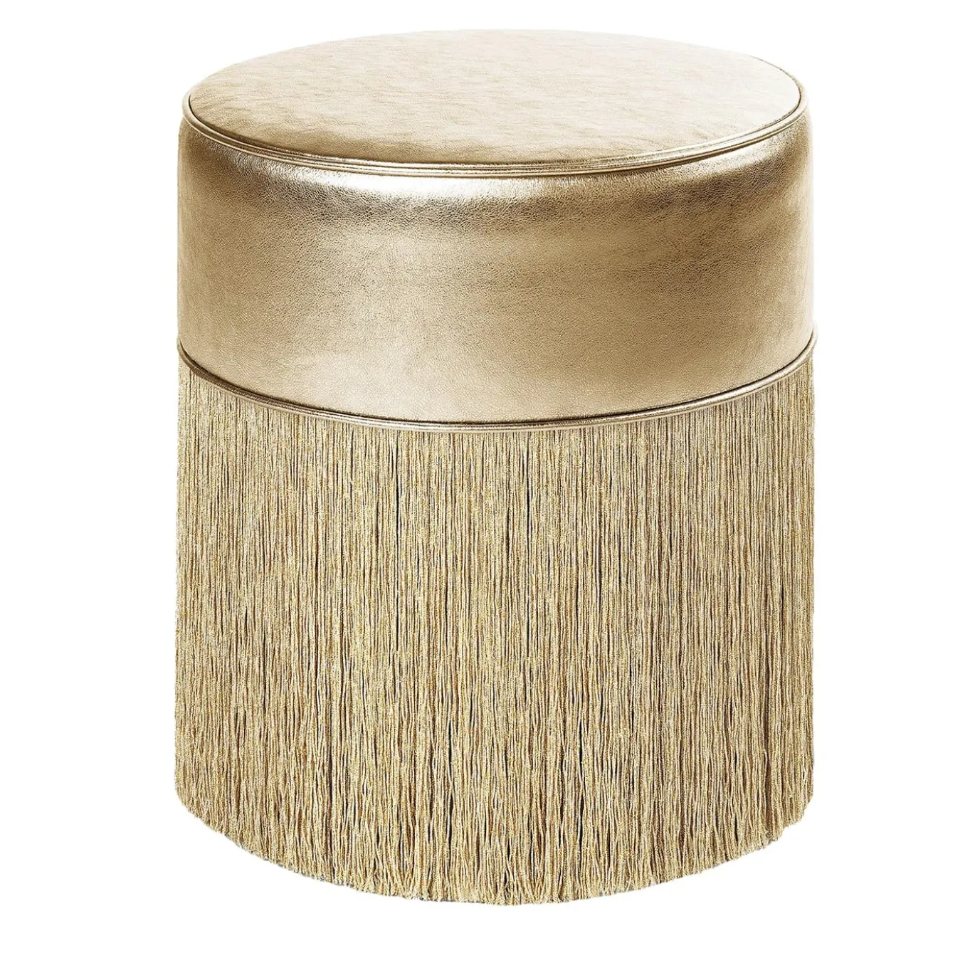 Pouf in pelle metallizzata color oro con frange in lurex