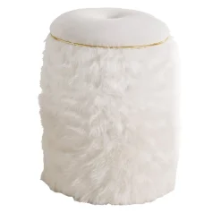 Pouf in pelliccia bianca con rifiniture dorate