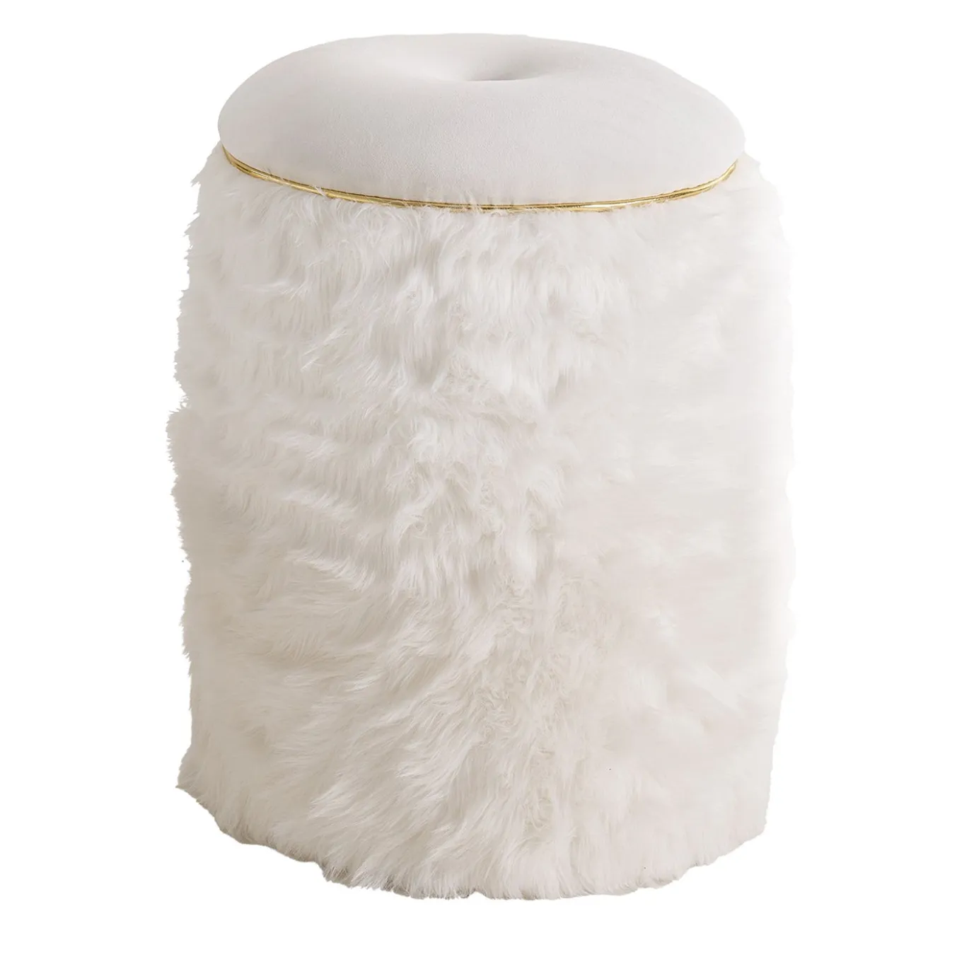 Pouf in pelliccia bianca con rifiniture dorate