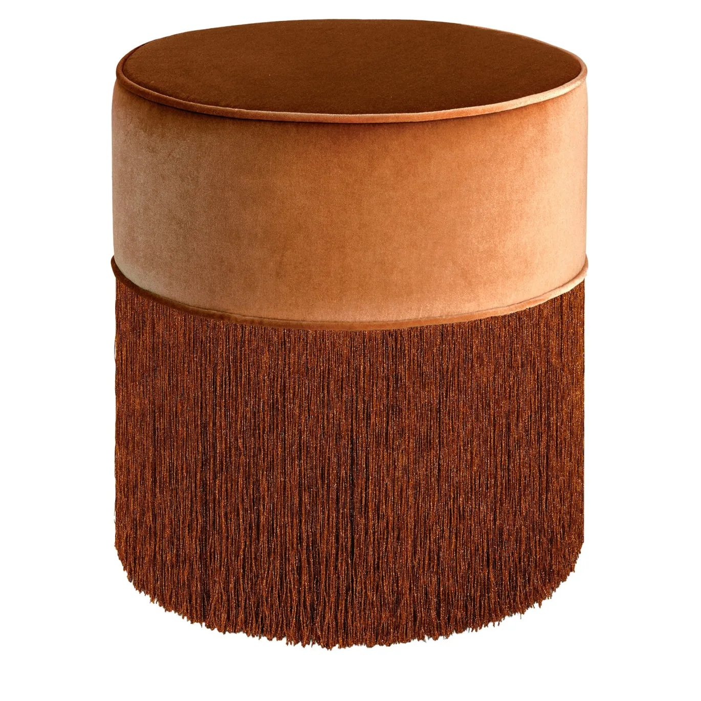 Pouf in rame scintillante con frangia in rame