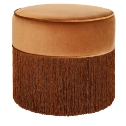 Pouf in velluto con frange in lurex scintillanti color cognac