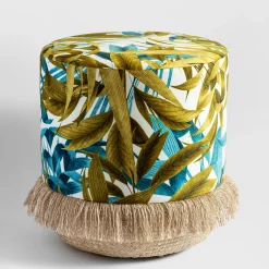 Pouf Las Palmas con foglie di palma e base in cesta
