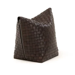 Pouf Mao Intrecciato a Mano in Pelle Marrone