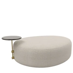 Pouf Mythos in tessuto bouclé beige con tavolino laterale in vetro