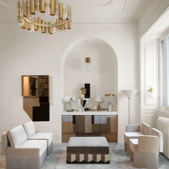 Pouf quadrato Plissé in velluto beige e grigio