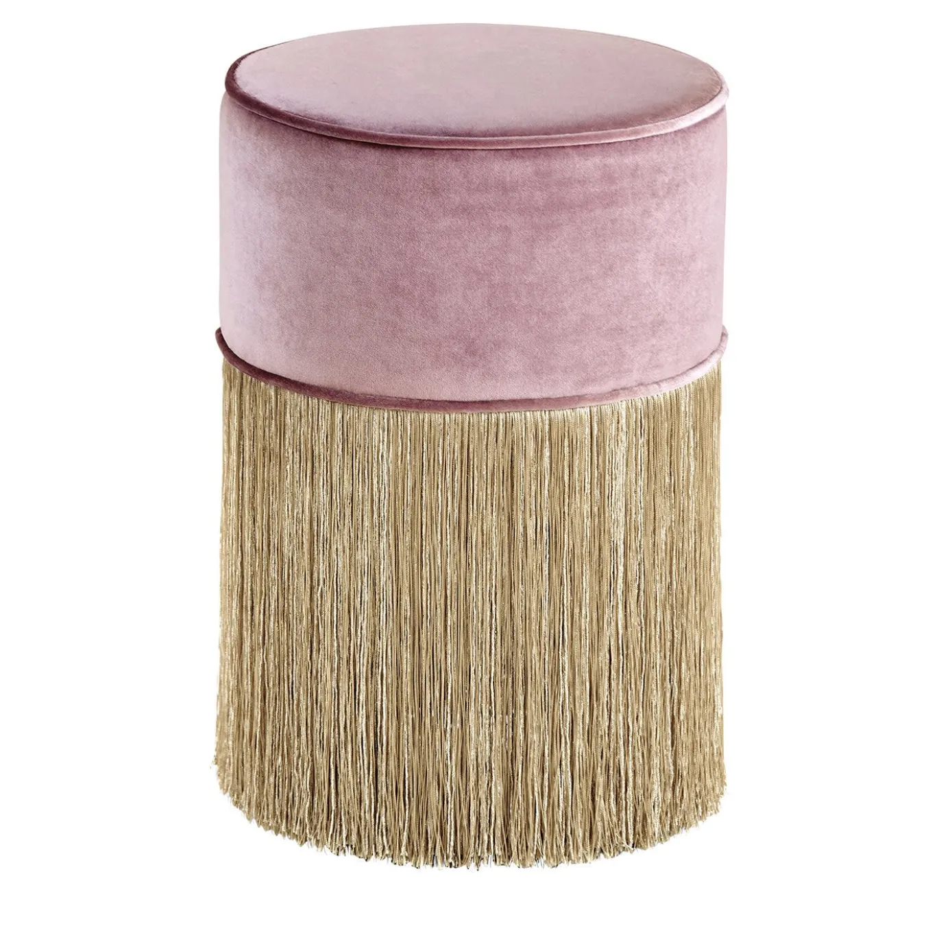 Pouf rosa scintillante con frange dorate