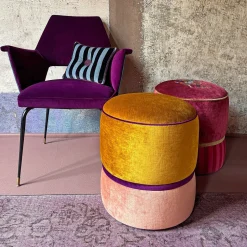 Pouf rotondo in velluto giallo e rosa