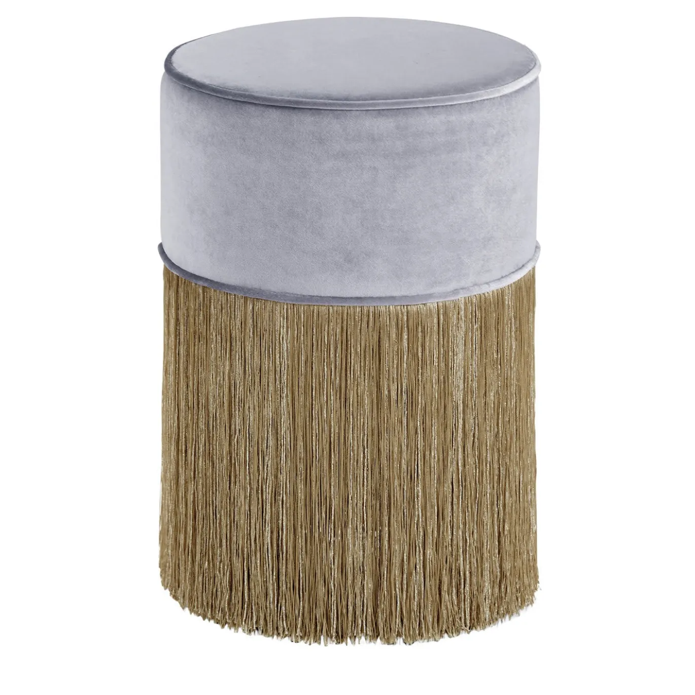 Pouf scintillante lilla con frangia oro