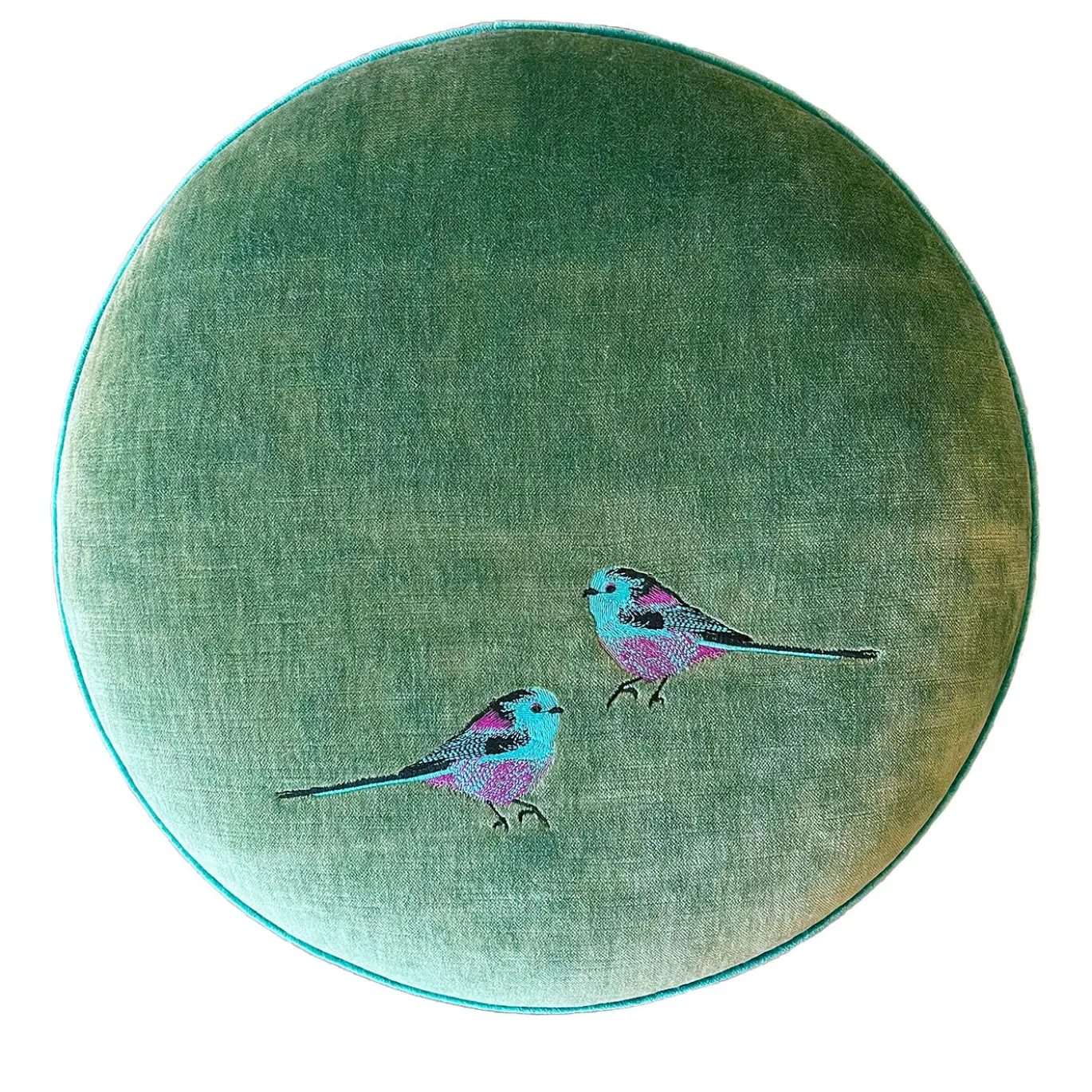 Pouf tondo in velluto verde acqua e viola con ricamo