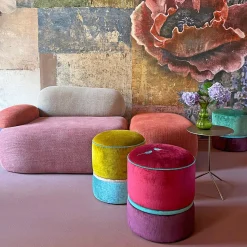 Pouf tondo in velluto verde e azzurro