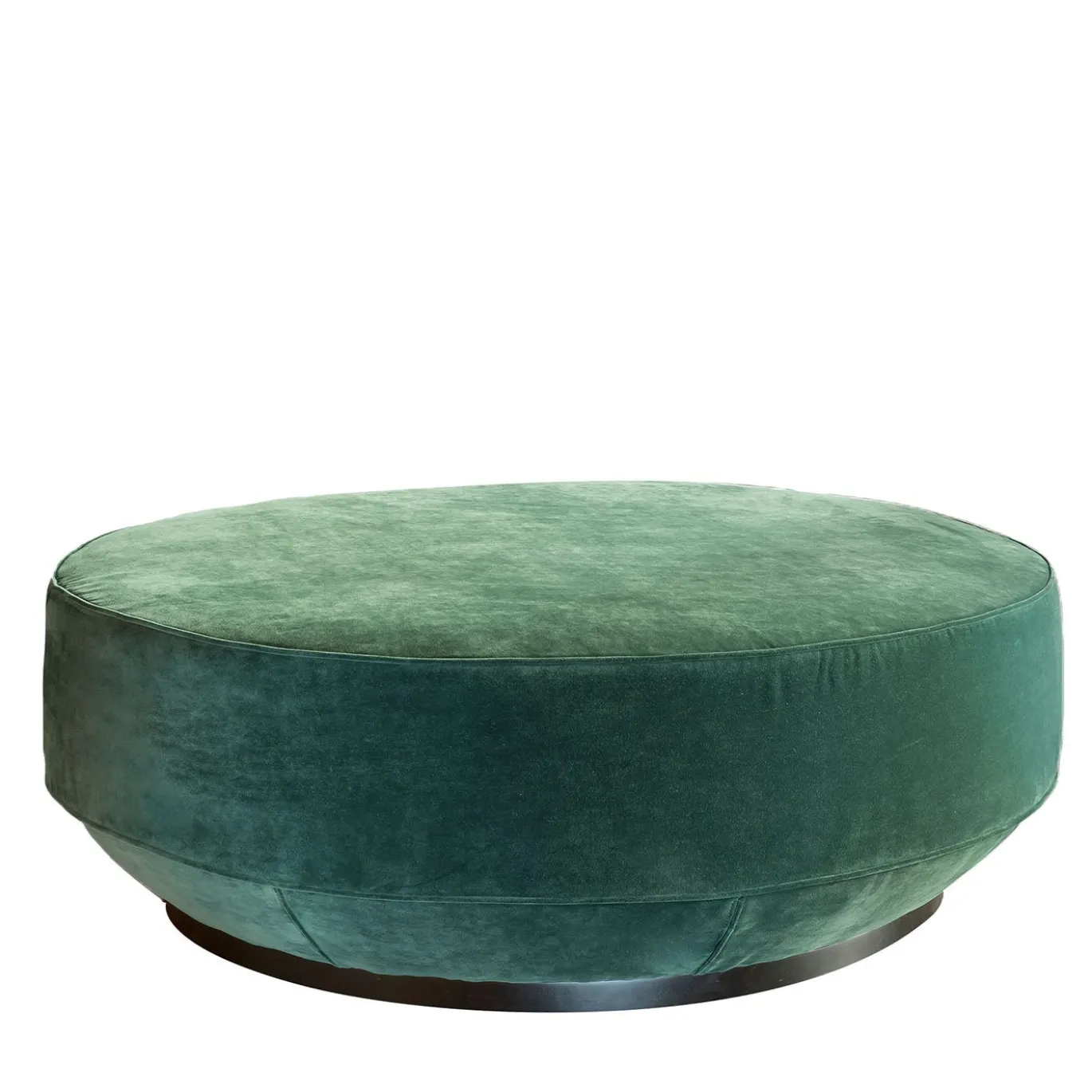 Pouf tondo Margot in velluto verde con base in legno