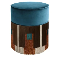Pouf Treasure in velluto blu con frange marroni di Lorenza Bozzoli