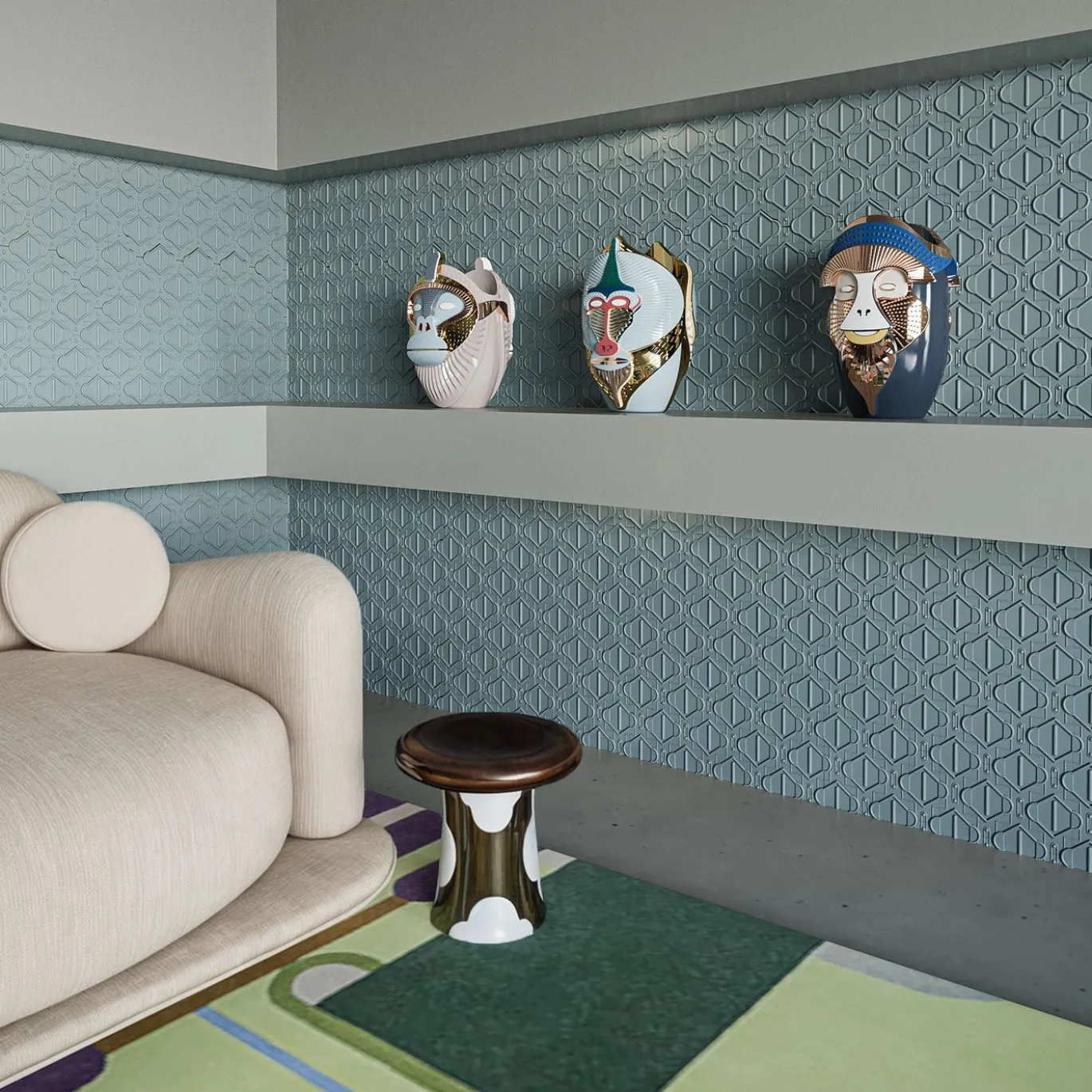 Primati Mandrillus Vaso in ceramica azzurra lucida con dettagli in metallo di Elena Salmistraro