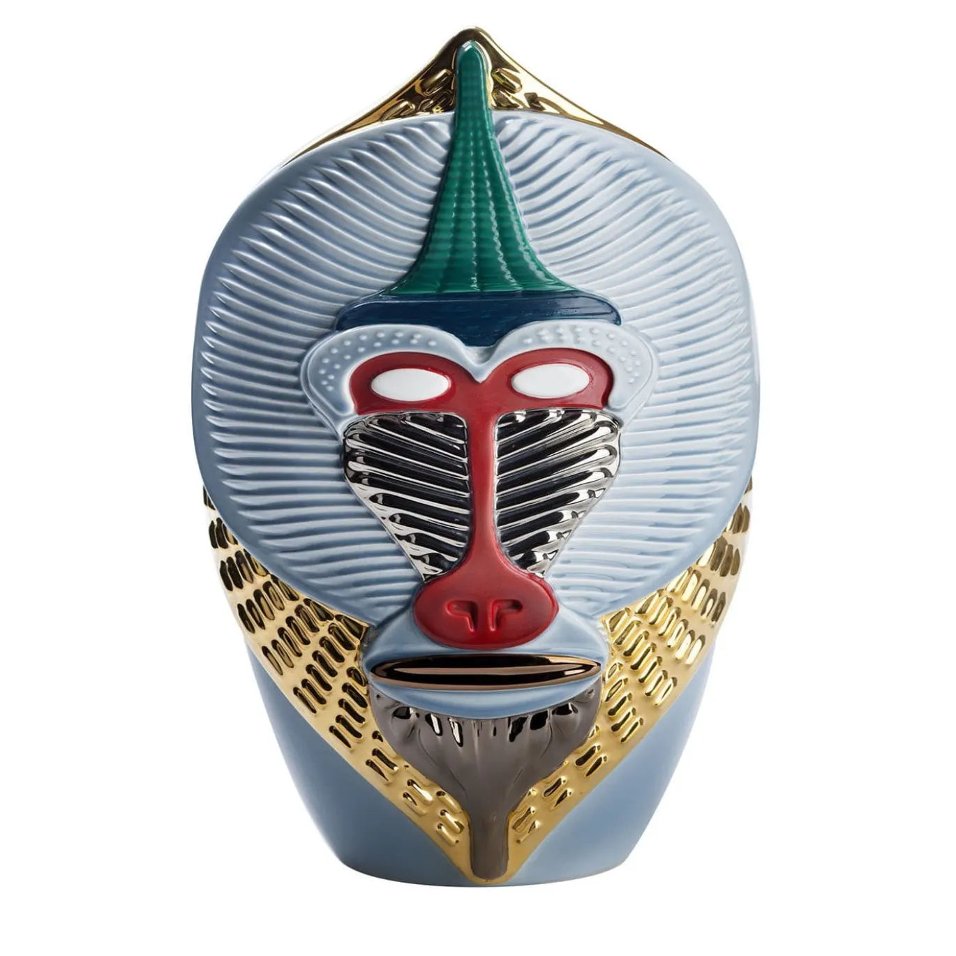 Primati Mandrillus Vaso in ceramica azzurra lucida con dettagli in metallo di Elena Salmistraro