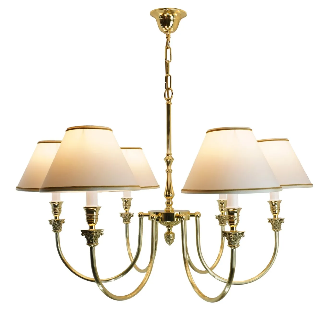 Principe Lampadario Ottone Finitura Oro con 6 Paralumi Bianchi