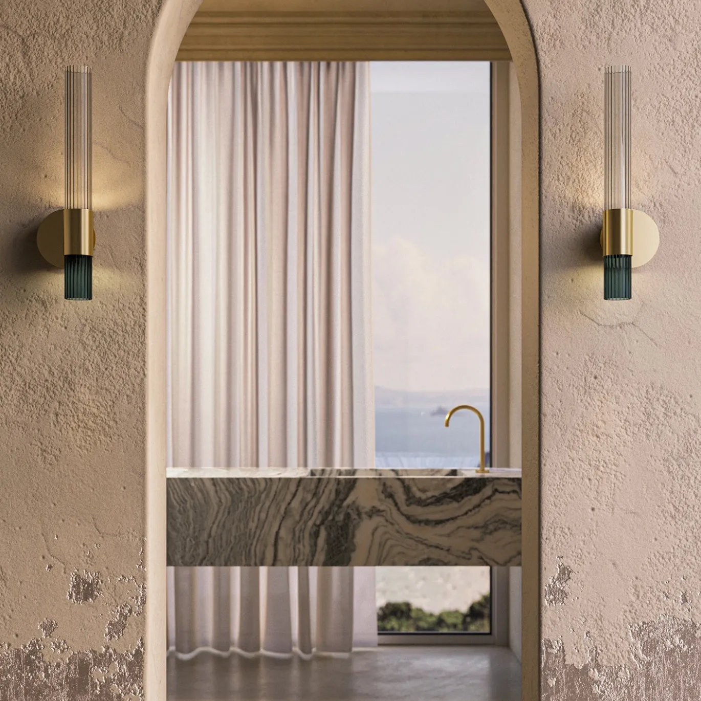 Sbàrlusc Applique Doppia in Vetro Blu Teal e Ottone Champagne di Isacco Brioschi