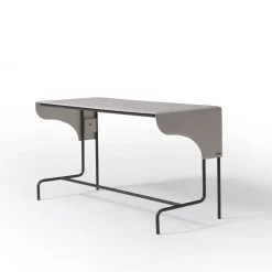 Scrivania Rectangolare Libra in Pelle Bianco Ghiaccio e Metallo