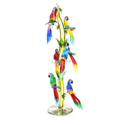 Scultura Albero Grande con 7 Pappagalli in Vetro di Murano