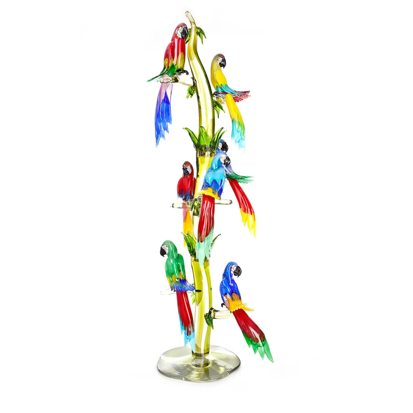 Scultura Albero Grande con 7 Pappagalli in Vetro di Murano