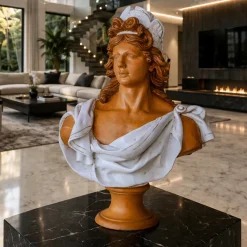Scultura busto di Apollo in smalto bianco e terracotta
