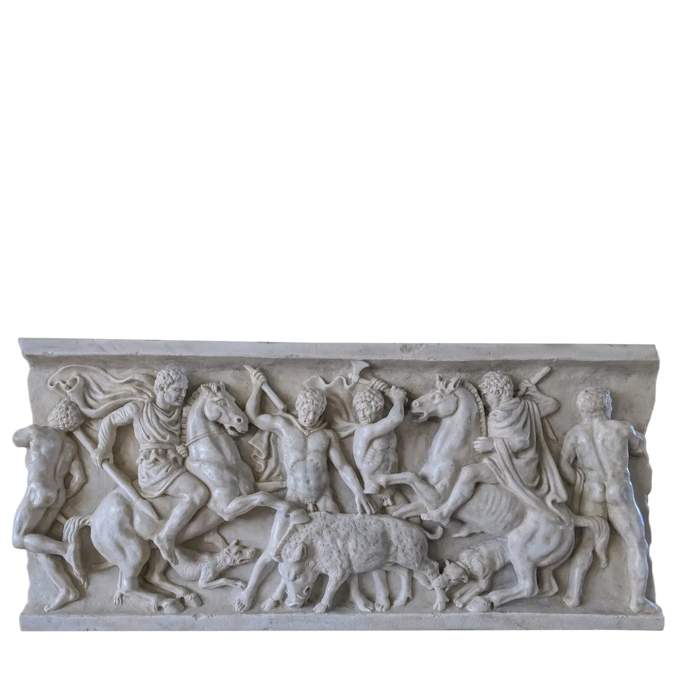 Scultura in alto rilievo in marmo di Carrara Caccia al Cinghiale