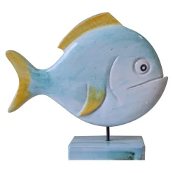 Scultura Pesce Tondo in pietra vulcanica smaltata blu e gialla