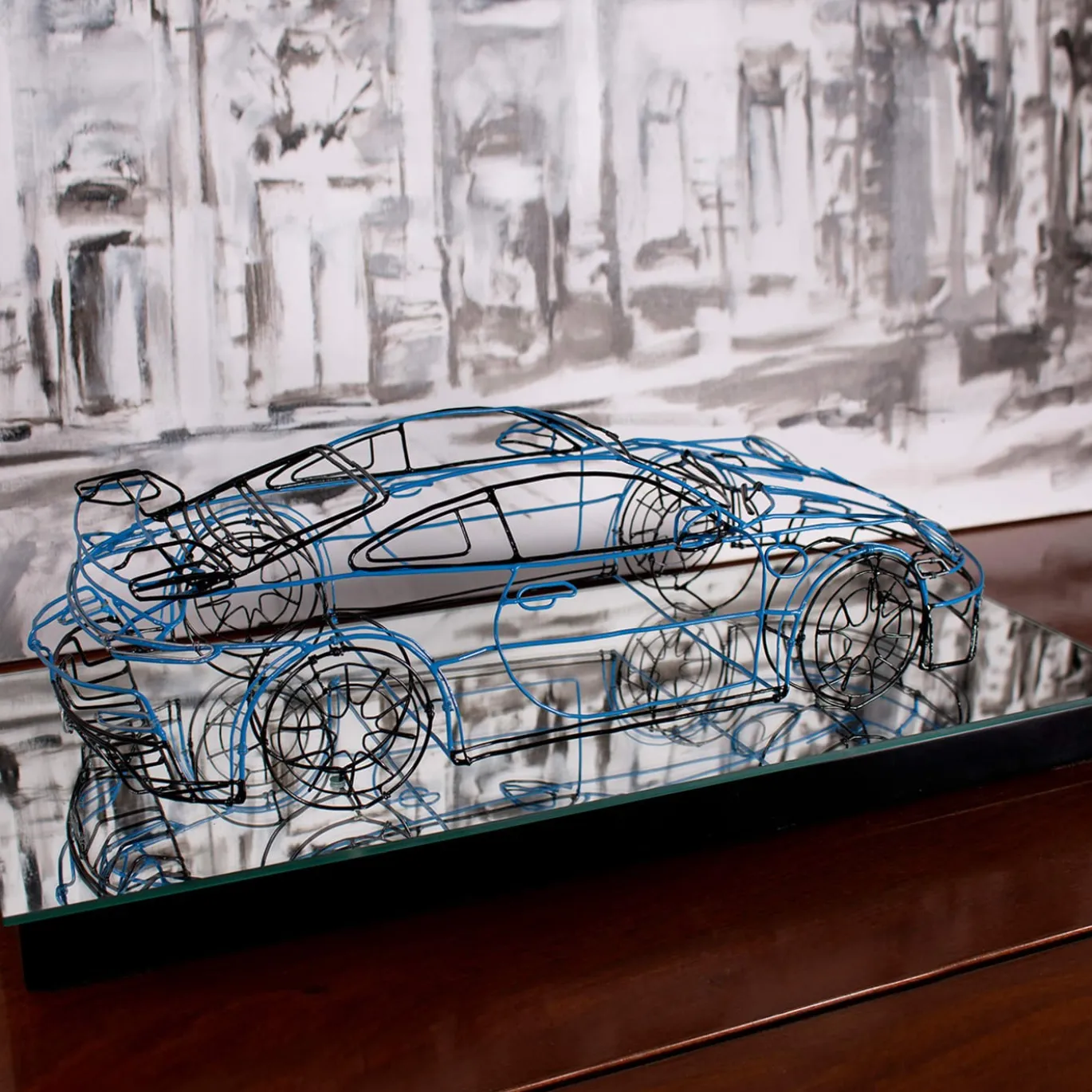 Scultura Porsche 911 GT3 in Filo di Metallo Blu
