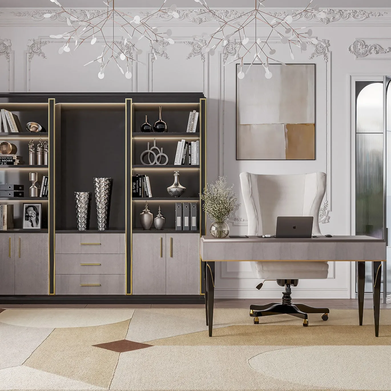 Sedia da ufficio girevole bianca con base in legno della collezione Studio Privè