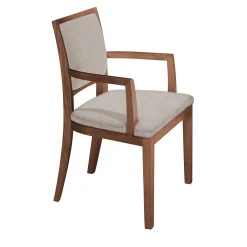 Sedia in legno di noce marrone e pelle color crema e caramello