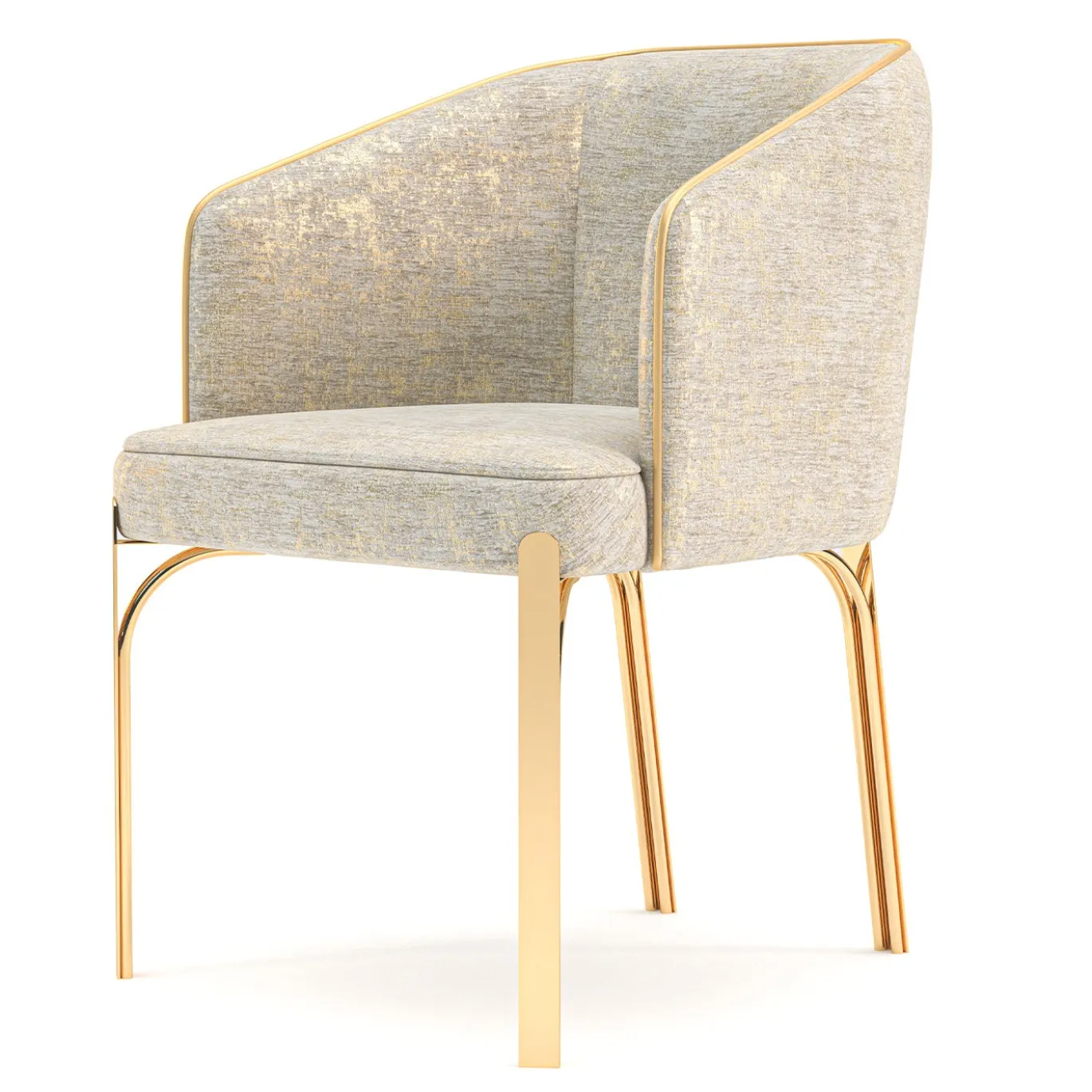 Sedia in tessuto Shimmer Gold con gambe in ferro lucidato champagne