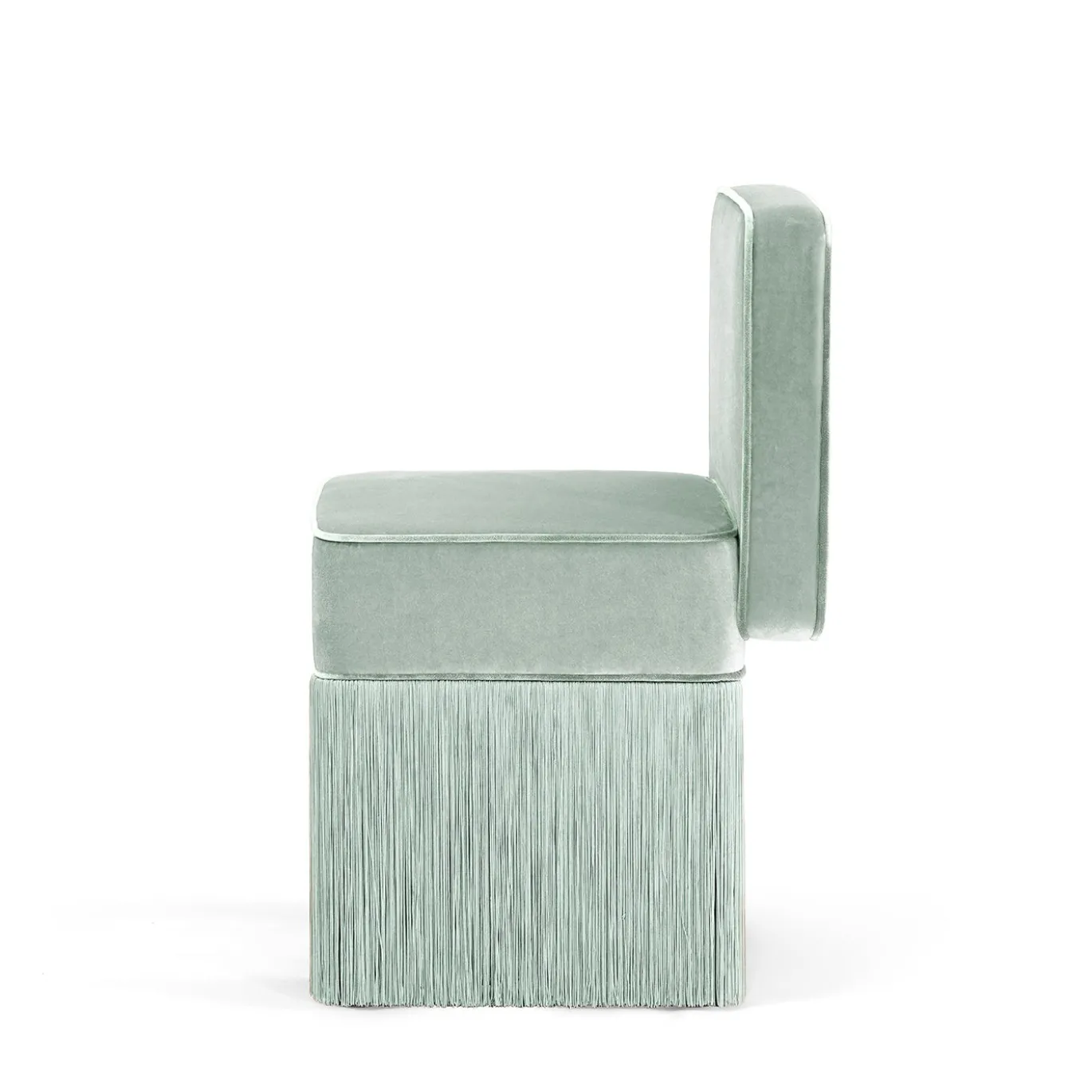 Sedia in velluto verde menta chiaro quadrata con frange