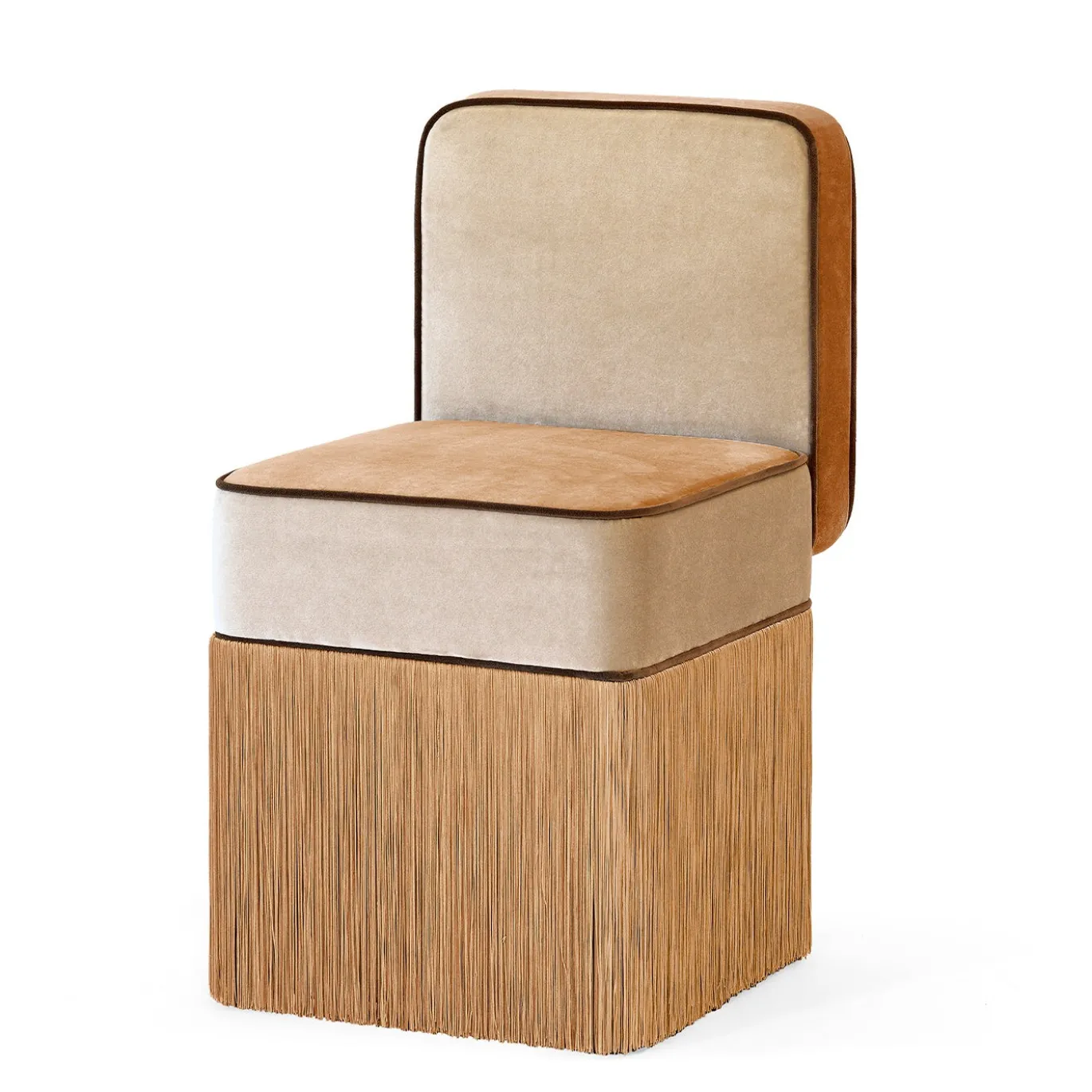 Sedia LILLI Square in velluto beige e pesca con frange