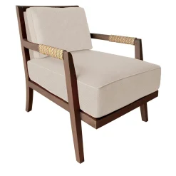 Sedia lounge Dan in pelle beige e legno di frassino