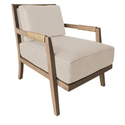 Sedia lounge Dan in pelle beige e legno di frassino marrone chiaro