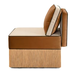 Sedia lounge modulare Lilli in tessuto beige e cognac con frange
