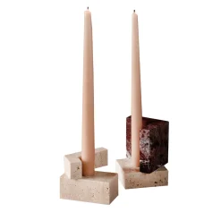 Set da 2 Portacandela Block in Travertino e Marmo Rosso