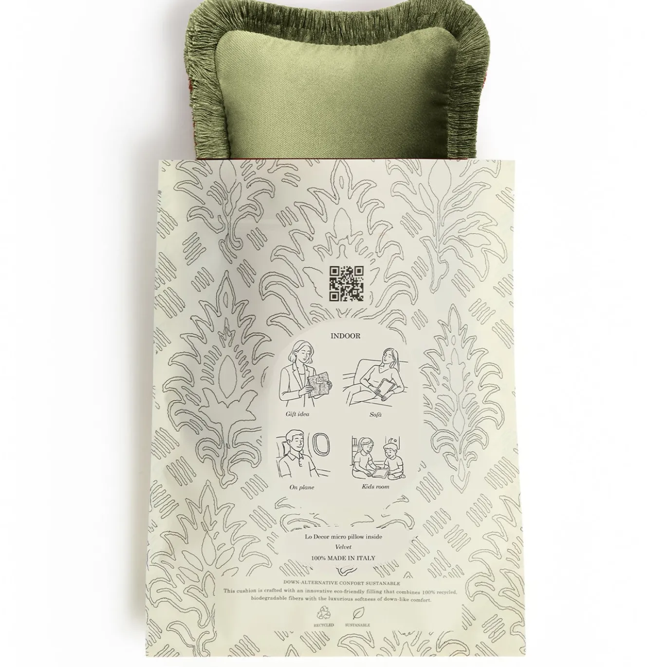 Set di 2 Cuscini Micro The Gift in velluto verde con frange