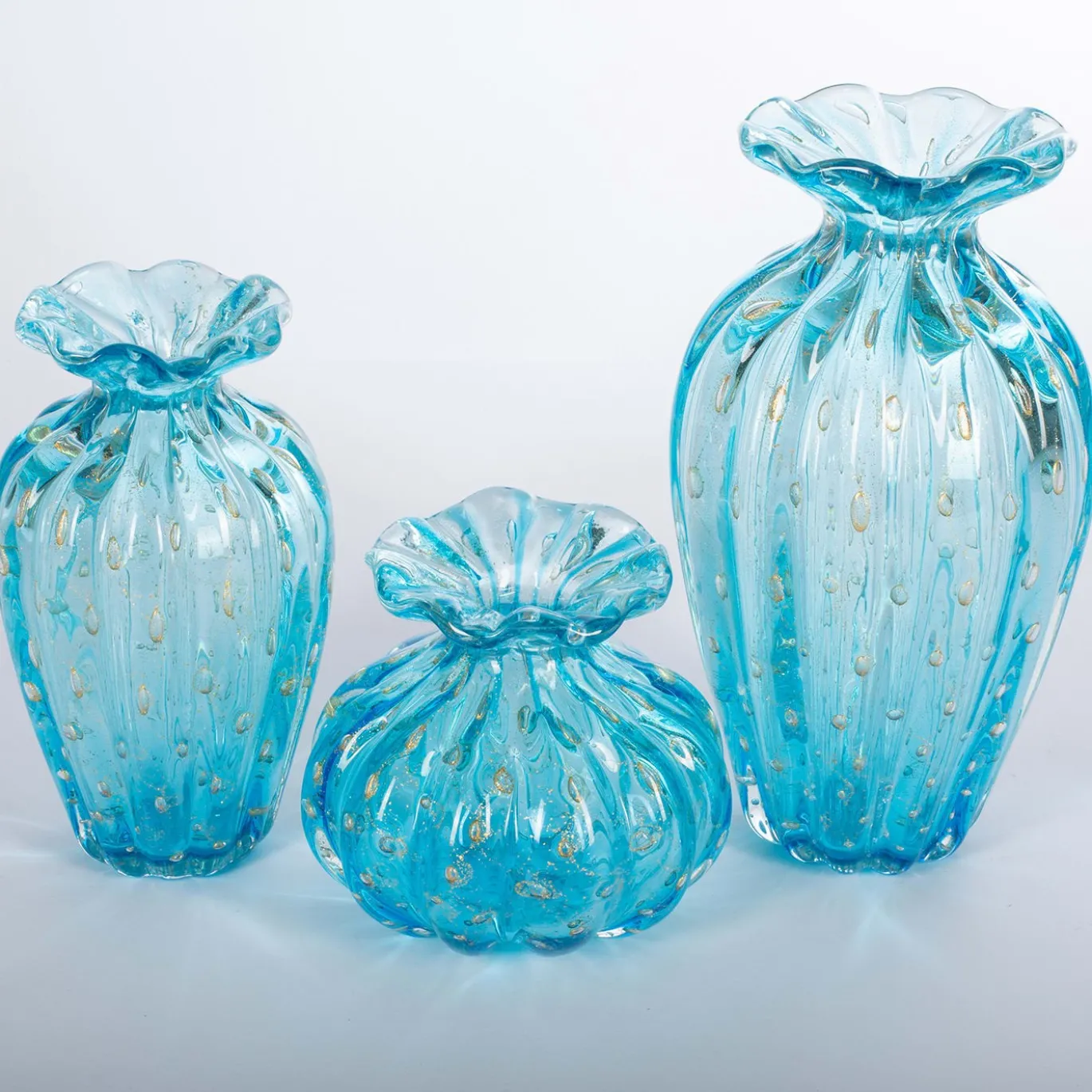 1950 Set di 3 vasi blu chiaro con bolle d'oro