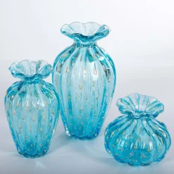 1950 Set di 3 vasi blu chiaro con bolle d'oro