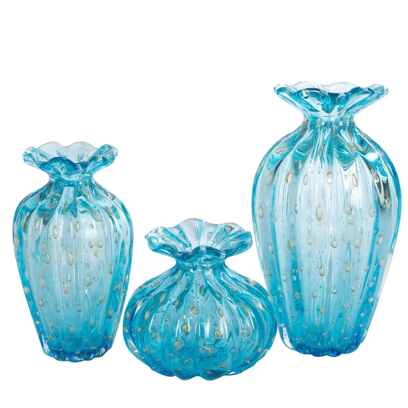 1950 Set di 3 vasi blu chiaro con bolle d'oro