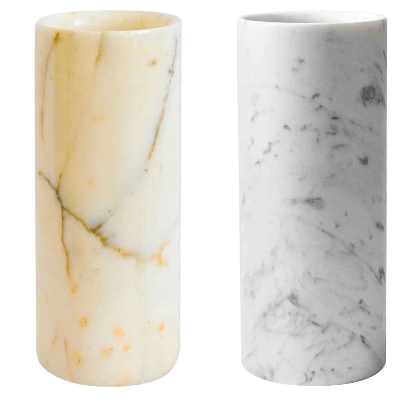 Set di 2 vasi cilindrici in marmo Paonazzo e marmo bianco Carrara satinato