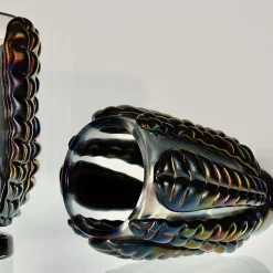 Set di 2 Vasi Decorativi Colossi Giganti in Vetro di Murano con Foglie Nere